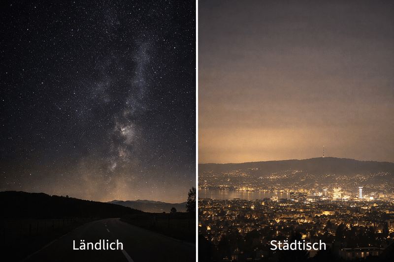 Vergleich von Nachthimmel ohne und mit Lichtverschmutzung in ländlichen und städtischen Gebieten