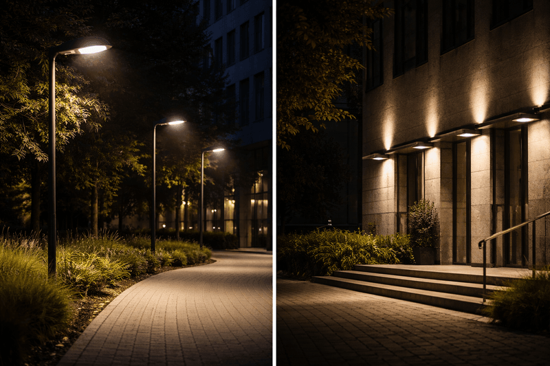 Aussenbeleuchtung von Wegen und Gebäuden bei Nacht mit gerichteter Beleuchtung