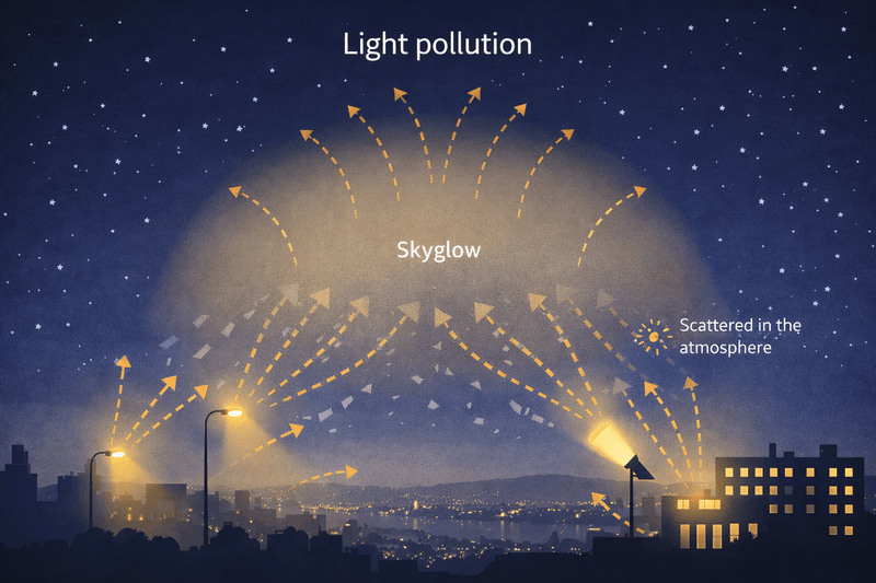 Grafik zur Lichtverschmutzung mit Skyglow und Streuung von Licht in der Atmosphäre